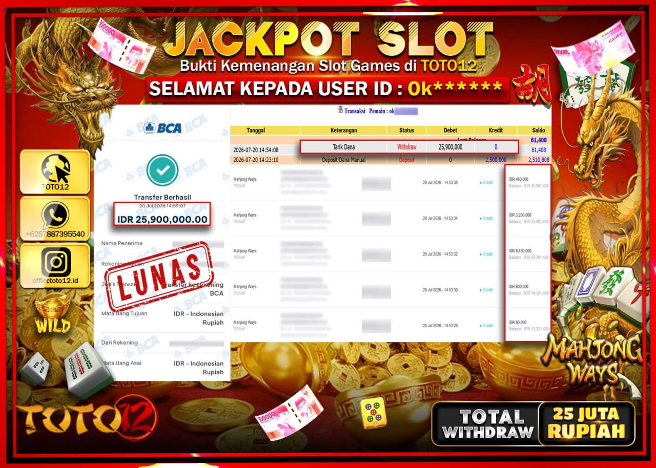 HANYA DI TOTO12 JP PASTI DI BAYAR LUNAS DAN CEPAT!!!!!! JACKPOT SLOT GAME (MAHJONG WAYS) Rp25.900.000!!!!