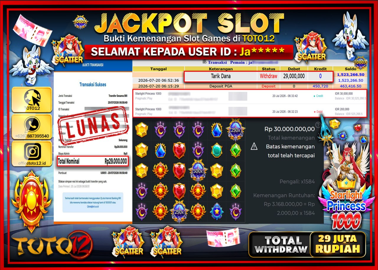 HANYA DI TOTO12 JP PASTI DI BAYAR LUNAS DAN CEPAT!!!!!! JACKPOT SLOT GAME (STARLIGHT PRINCESS 1000) Rp29.000.000!!!!