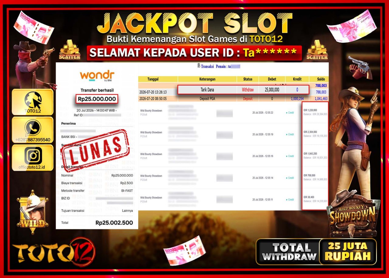 HANYA DI TOTO12 JP PASTI DI BAYAR LUNAS DAN CEPAT!!!!!! JACKPOT SLOT GAME (WILD BOUNTY SHOWDOWN) Rp25.000.000!!!!
