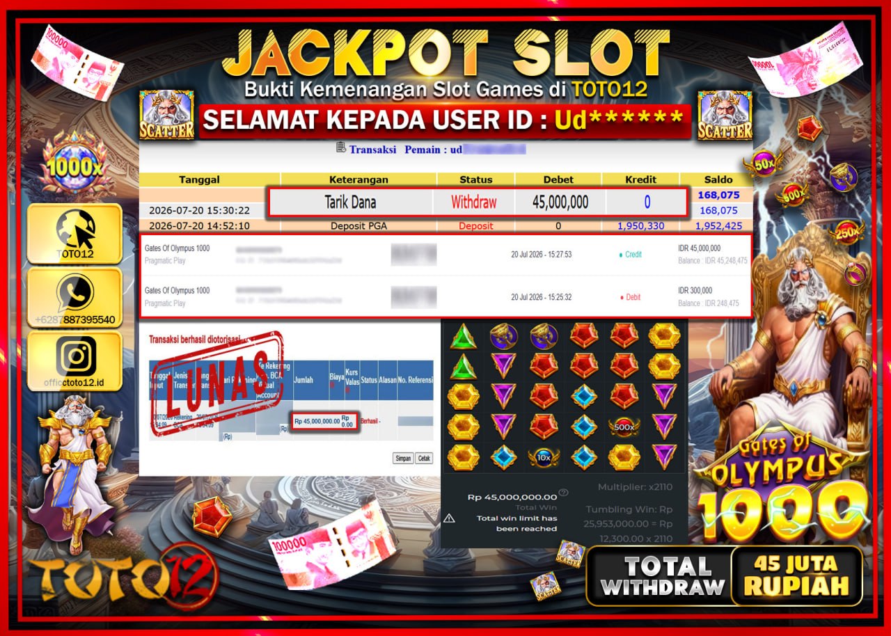 HANYA DI TOTO12 JP PASTI DI BAYAR LUNAS DAN CEPAT!!!!!! JACKPOT SLOT GAME (GATES OF OLYMPUS 1000) Rp45.000.000!!!!