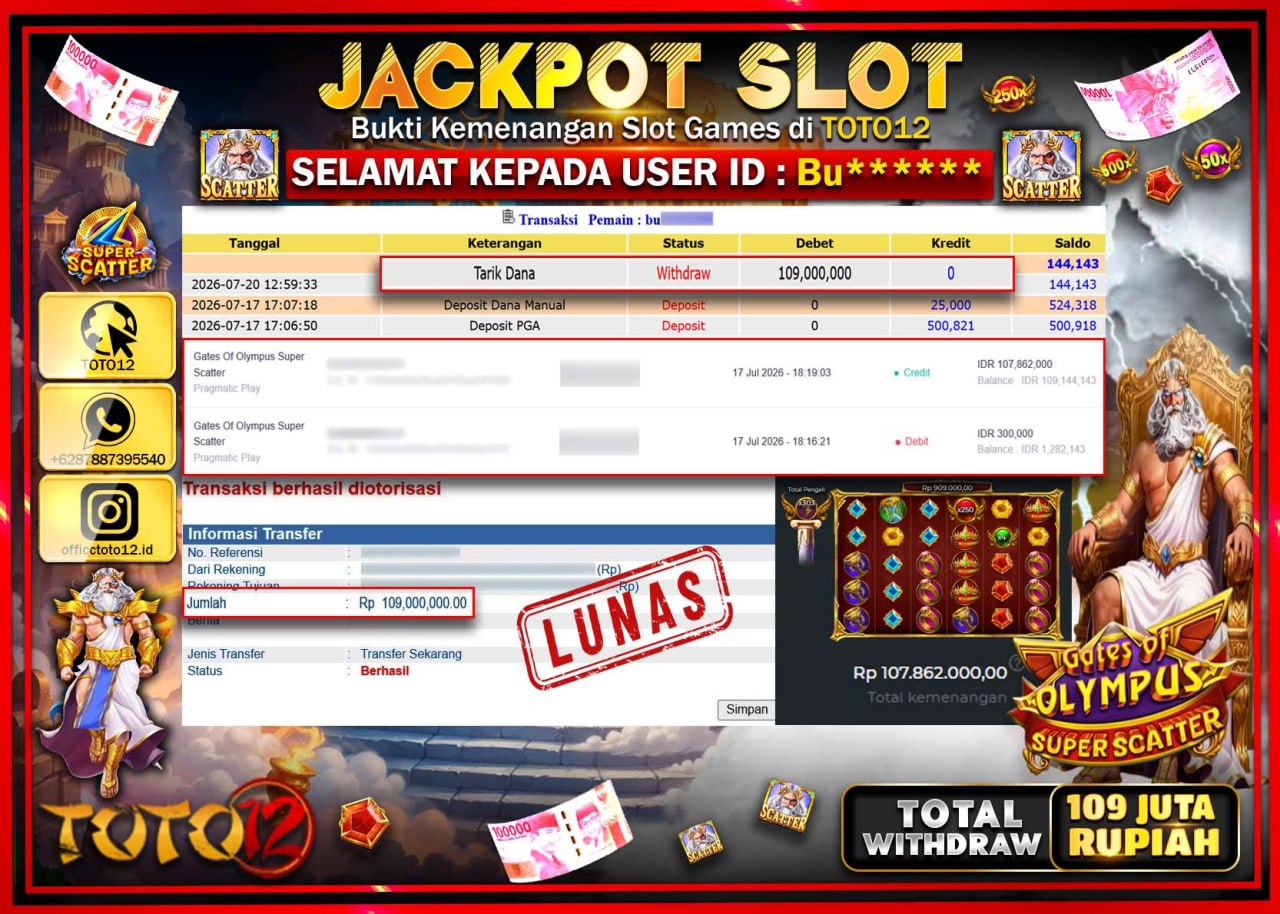 HANYA DI TOTO12 JP PASTI DI BAYAR LUNAS DAN CEPAT!!!!!! JACKPOT SLOT GAME (GATES OF OLYMPUS SUPER SCATTER) Rp109.000.000!!!!