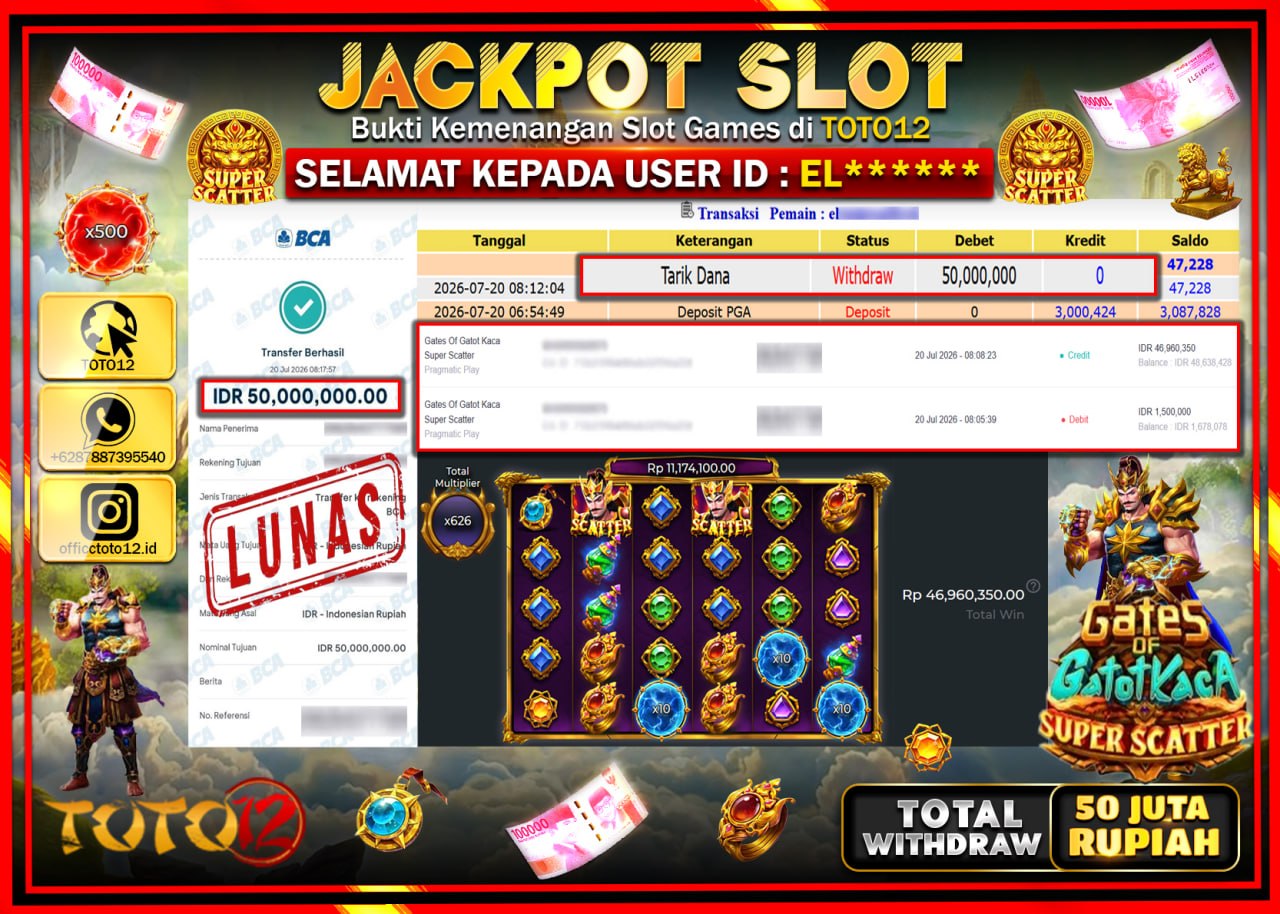 HANYA DI TOTO12 JP PASTI DI BAYAR LUNAS DAN CEPAT!!!!!! JACKPOT SLOT GAME (GATES OF GATOTKACA SUPER SCATTER) Rp50.000.000!!!!