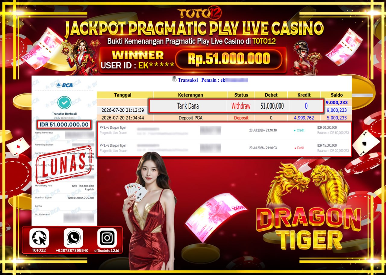 HANYA DI TOTO12 JP PASTI DI BAYAR LUNAS DAN CEPAT!!!!!! JACKPOT PRAGMATIC PLAY LIVE GAME CASINO (PP LIVE DRAGON TIGER) Rp51.000.000!!!!