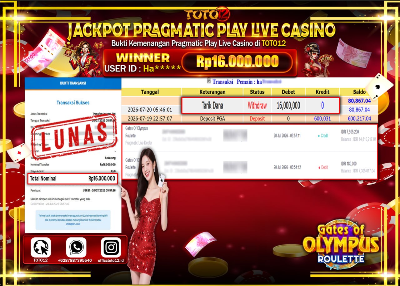 HANYA DI TOTO12 JP PASTI DI BAYAR LUNAS DAN CEPAT!!!!!! JACKPOT PRAGMATIC PLAY LIVE GAME CASINO (GATES OF OLYMPUS ROULETTE) Rp16.000.000!!!!