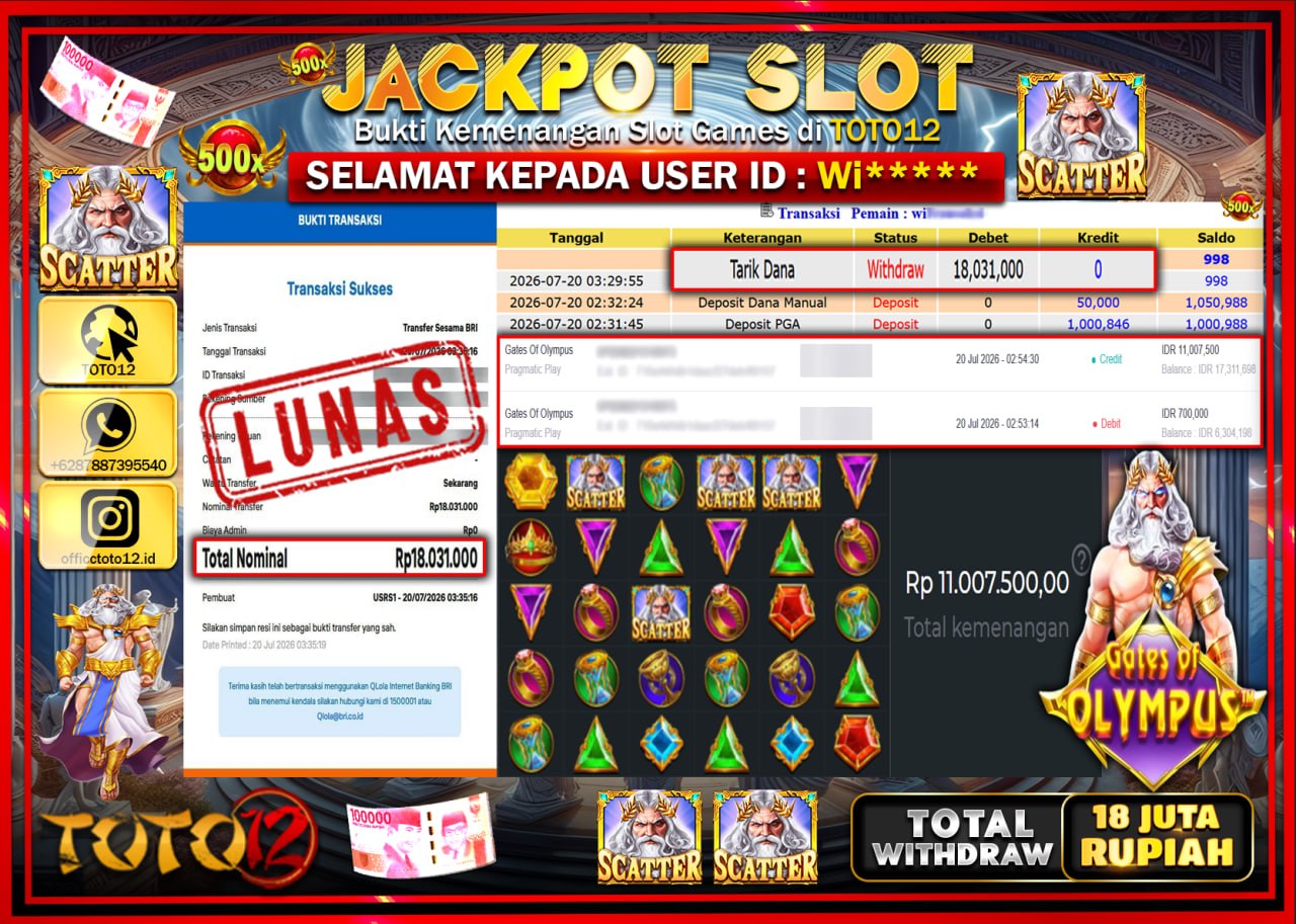HANYA DI TOTO12 JP PASTI DI BAYAR LUNAS DAN CEPAT!!!!!! JACKPOT SLOT GAME (GATES OF OLYMPUS) Rp18.031.000!!!!