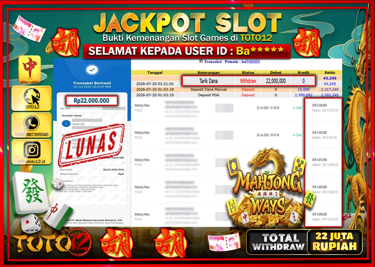 HANYA DI TOTO12 JP PASTI DI BAYAR LUNAS DAN CEPAT!!!!!! JACKPOT SLOT GAME (MAHJONG WAYS) Rp22.000.000!!!!