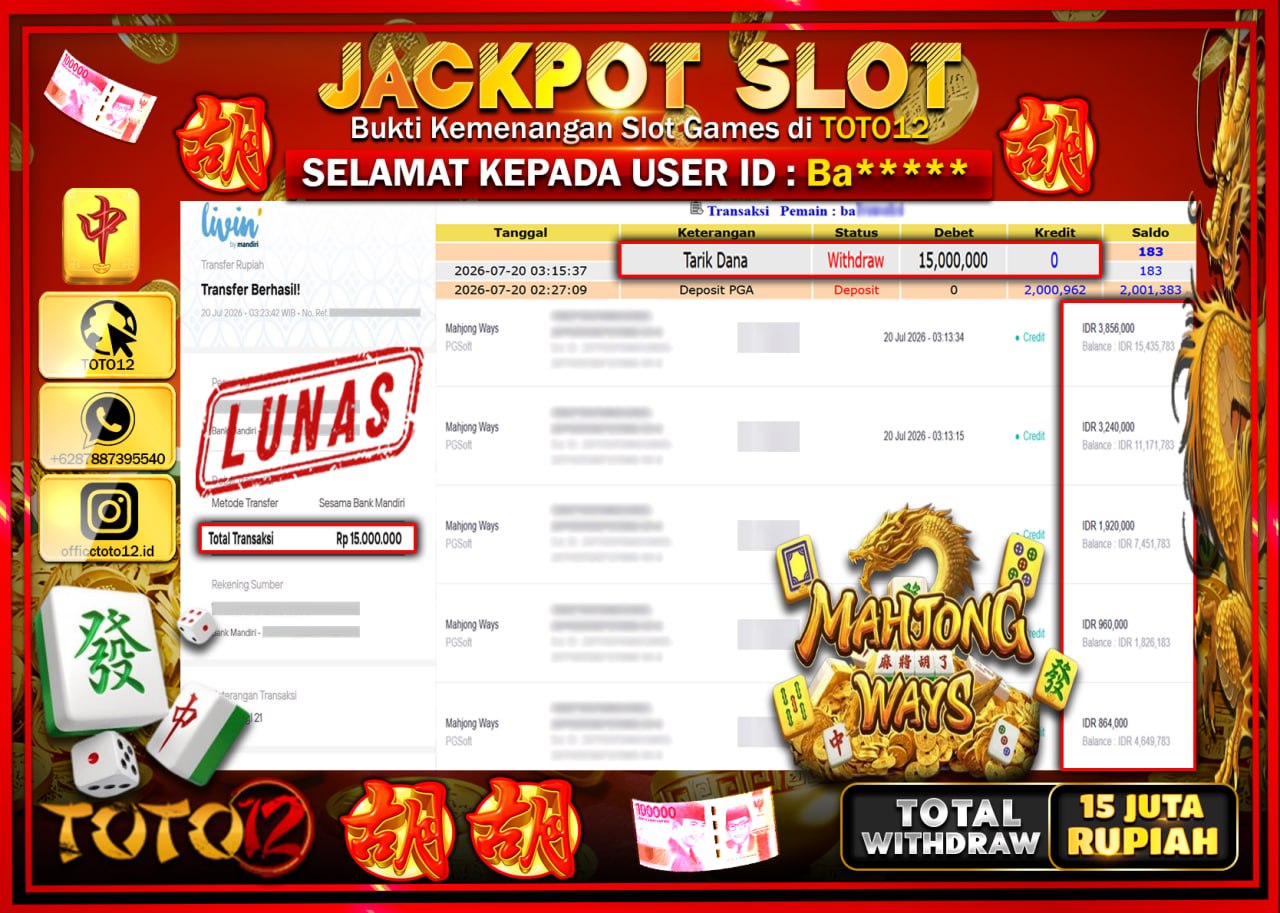 HANYA DI TOTO12 JP PASTI DI BAYAR LUNAS DAN CEPAT!!!!!! JACKPOT SLOT GAME (MAHJONG WAYS) Rp15.000.000!!!!