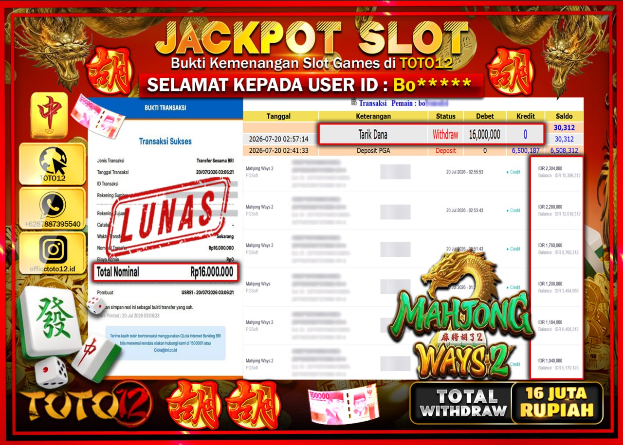 HANYA DI TOTO12 JP PASTI DI BAYAR LUNAS DAN CEPAT!!!!!! JACKPOT SLOT GAME (MAHJONG WAYS 2) Rp16.000.000!!!!