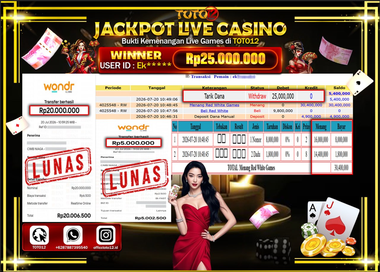 HANYA DI TOTO12 JP PASTI DI BAYAR LUNAS DAN CEPAT!!!!!! JACKPOT  LIVE GAME CASINO (RED WHITE) Rp25.000.000!!!!
