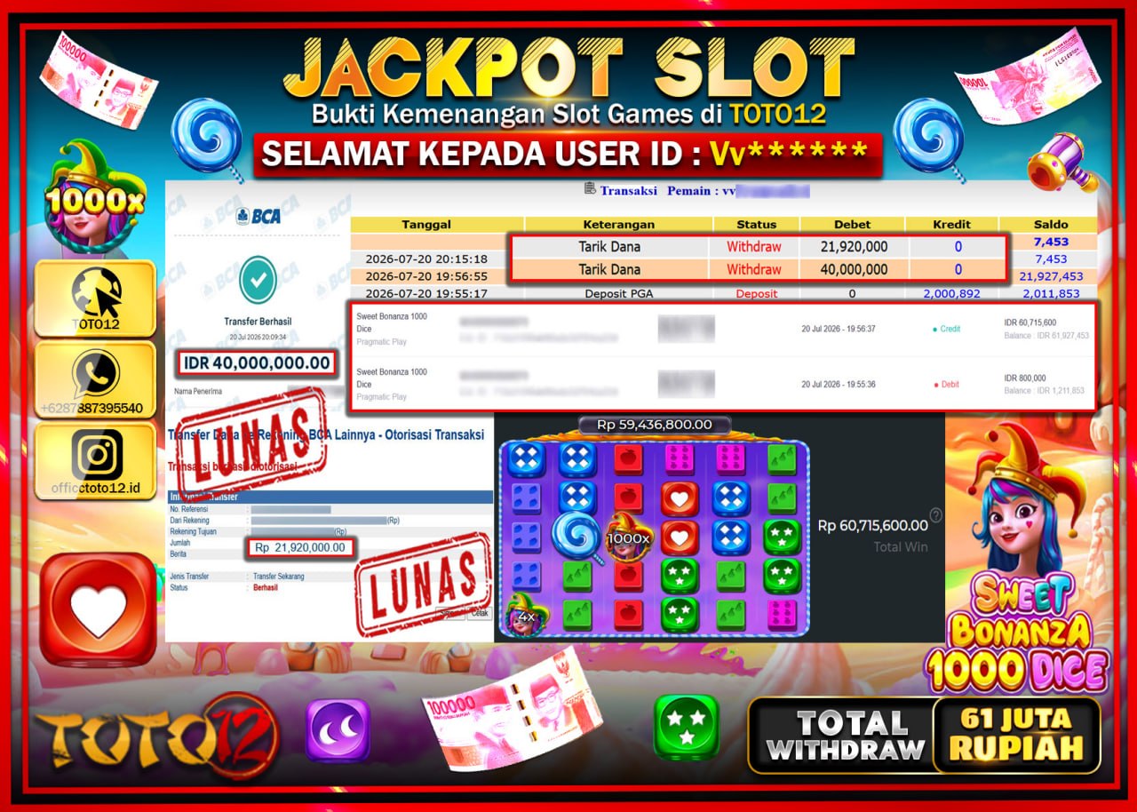 HANYA DI TOTO12 JP PASTI DI BAYAR LUNAS DAN CEPAT!!!!!! JACKPOT SLOT GAME (SWEET BONANZA 1000 DICE) Rp61.920.000!!!!
