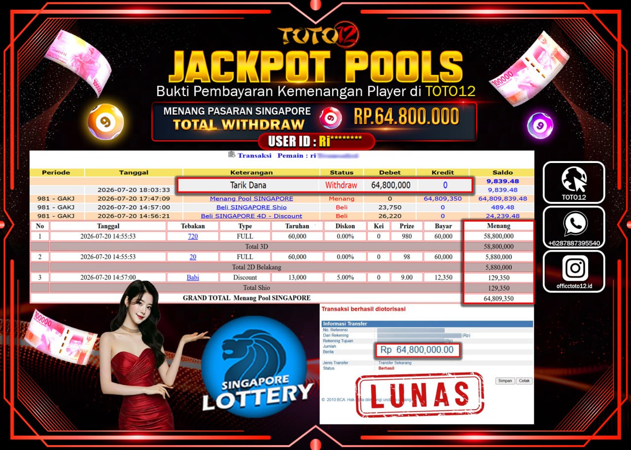 HANYA DI TOTO12 JP PASTI DI BAYAR LUNAS DAN CEPAT!!!!!! JACKPOT POOLS PASARAN (SINGAPORE) Rp64.800.000!!!!