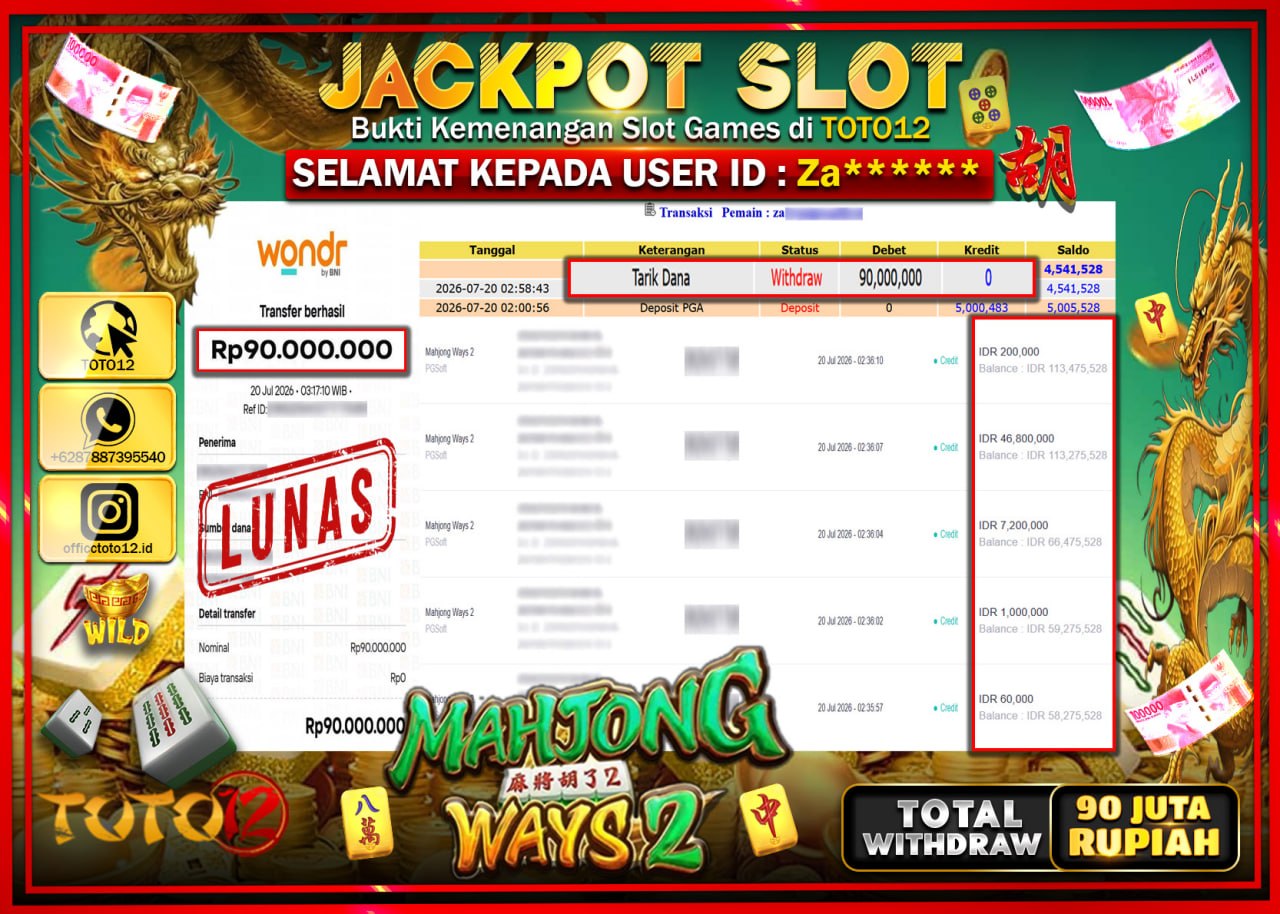 HANYA DI TOTO12 JP PASTI DI BAYAR LUNAS DAN CEPAT!!!!!! JACKPOT SLOT GAME (MAHJONG WAYS 2) Rp90.000.000!!!!