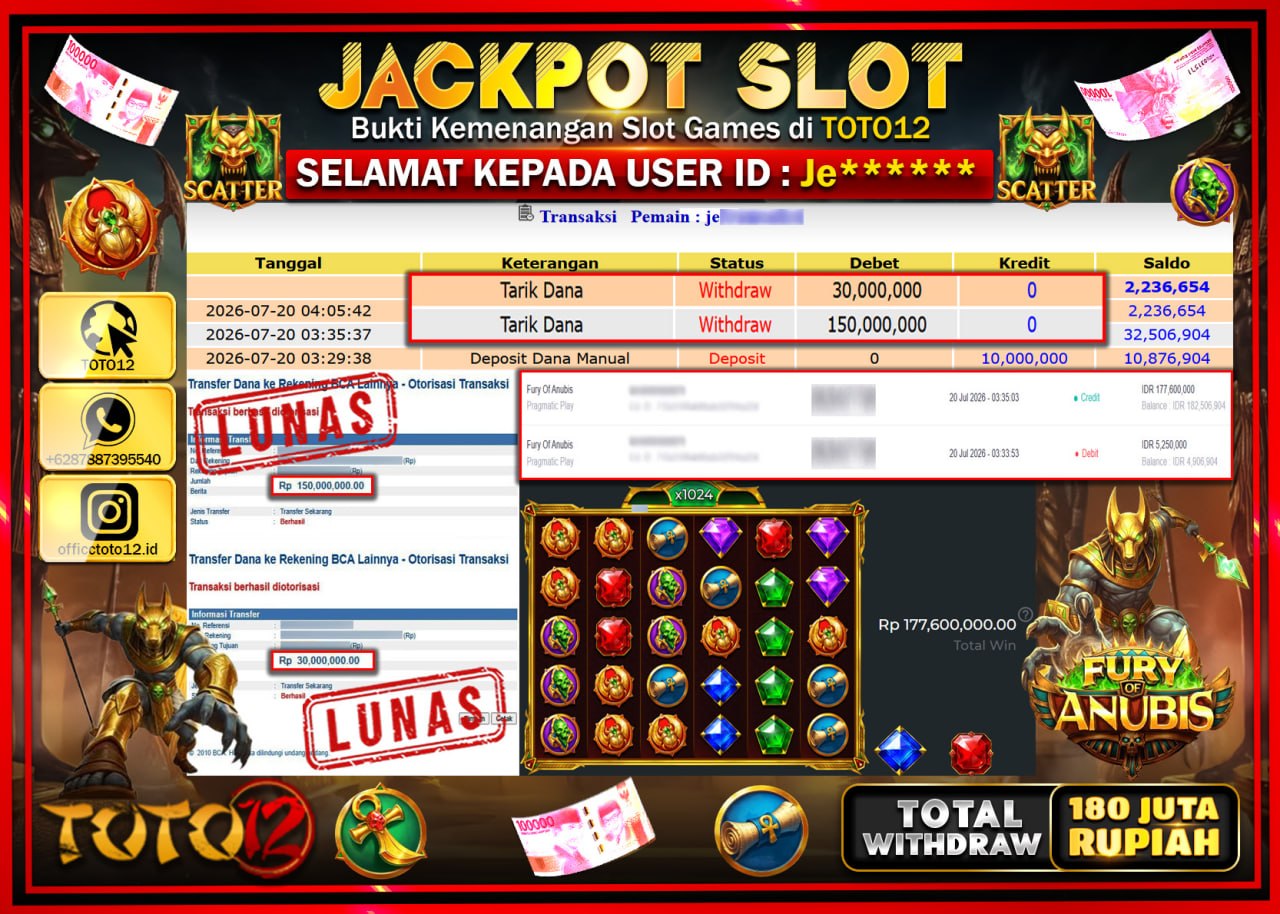HANYA DI TOTO12 JP PASTI DI BAYAR LUNAS DAN CEPAT!!!!!! JACKPOT SLOT GAME (FURY OF ANUBIS) Rp180.000.000!!!!