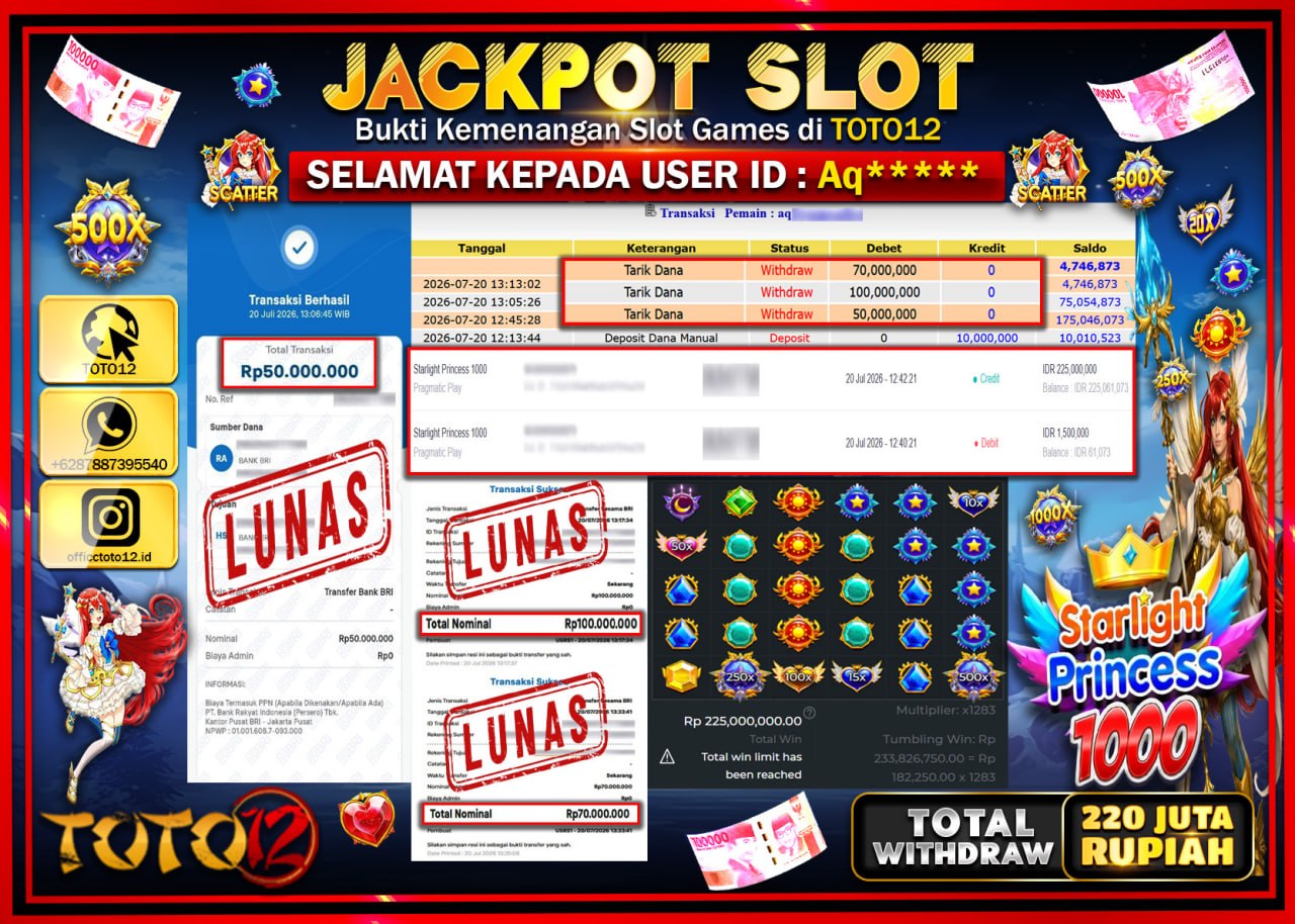 HANYA DI TOTO12 JP PASTI DI BAYAR LUNAS DAN CEPAT!!!!!! JACKPOT SLOT GAME (STARLIGHT PRINCESS 1000) Rp220.000.000!!!!