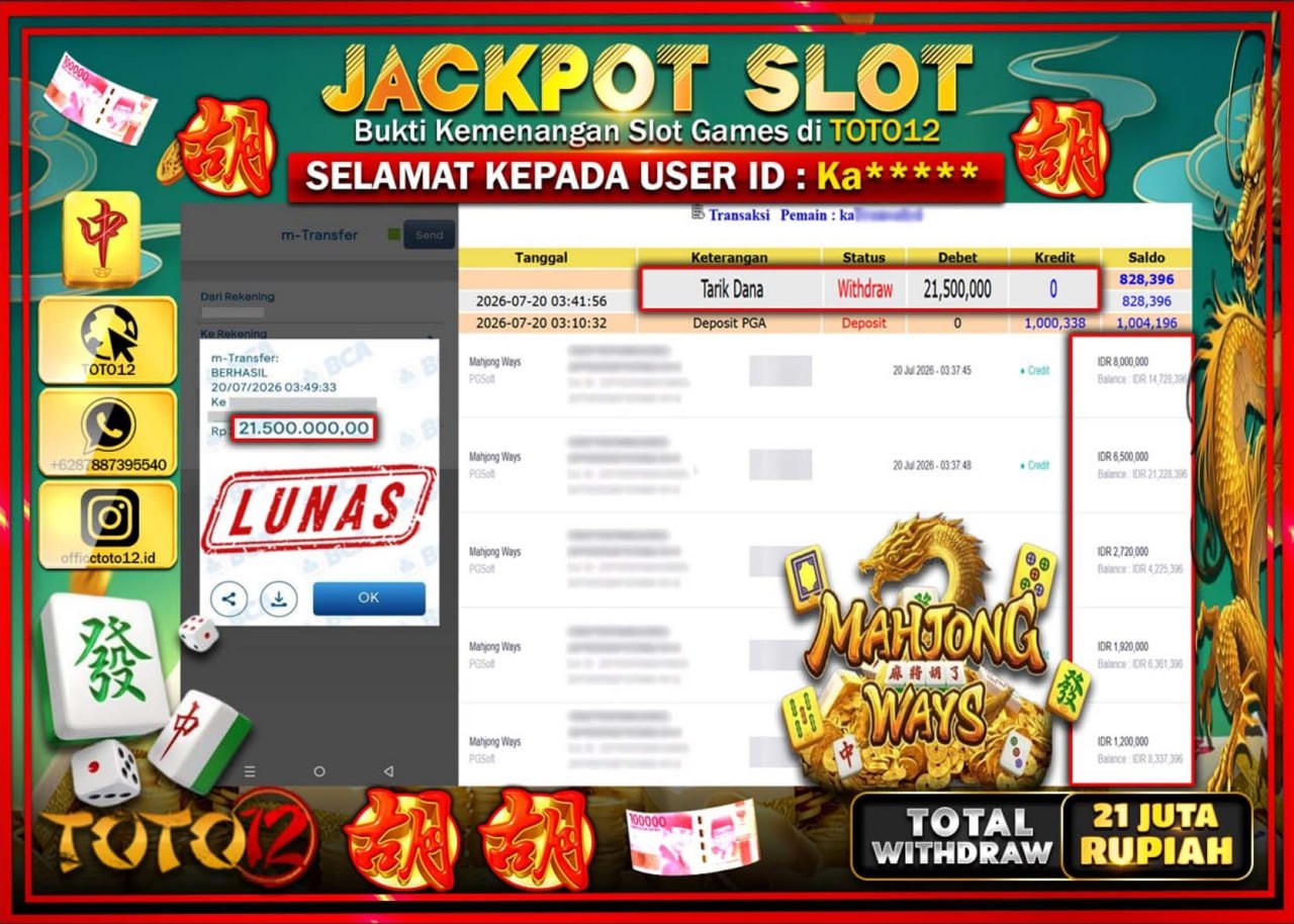 HANYA DI TOTO12 JP PASTI DI BAYAR LUNAS DAN CEPAT!!!!!! JACKPOT SLOT GAME (MAHJONG WAYS) Rp21.500.000!!!!