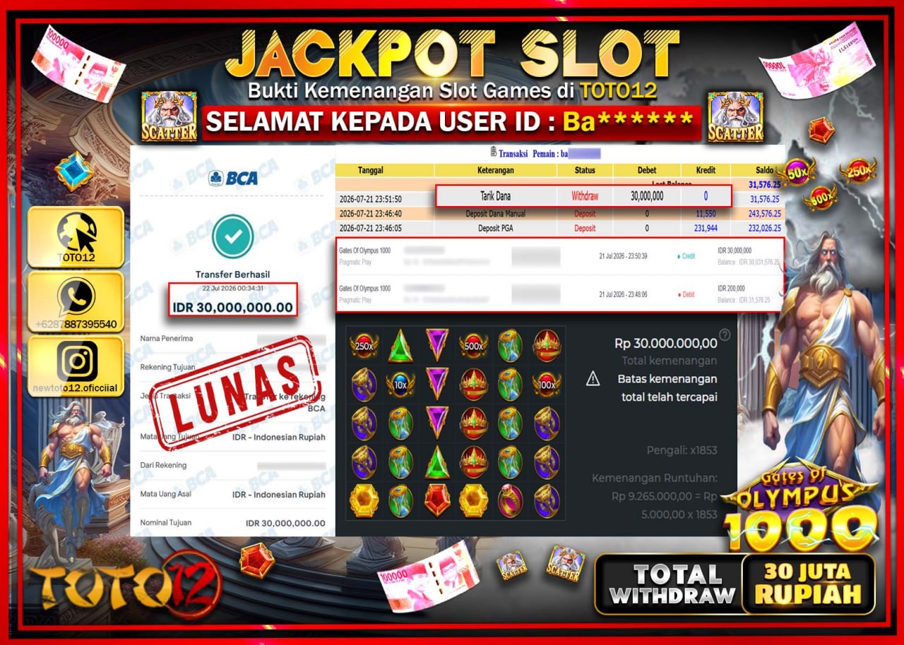 HANYA DI TOTO12 JP PASTI DI BAYAR LUNAS DAN CEPAT!!!!!! JACKPOT SLOT GAME (GATES OF OLYMPUS 1000) Rp30.000.000!!!!