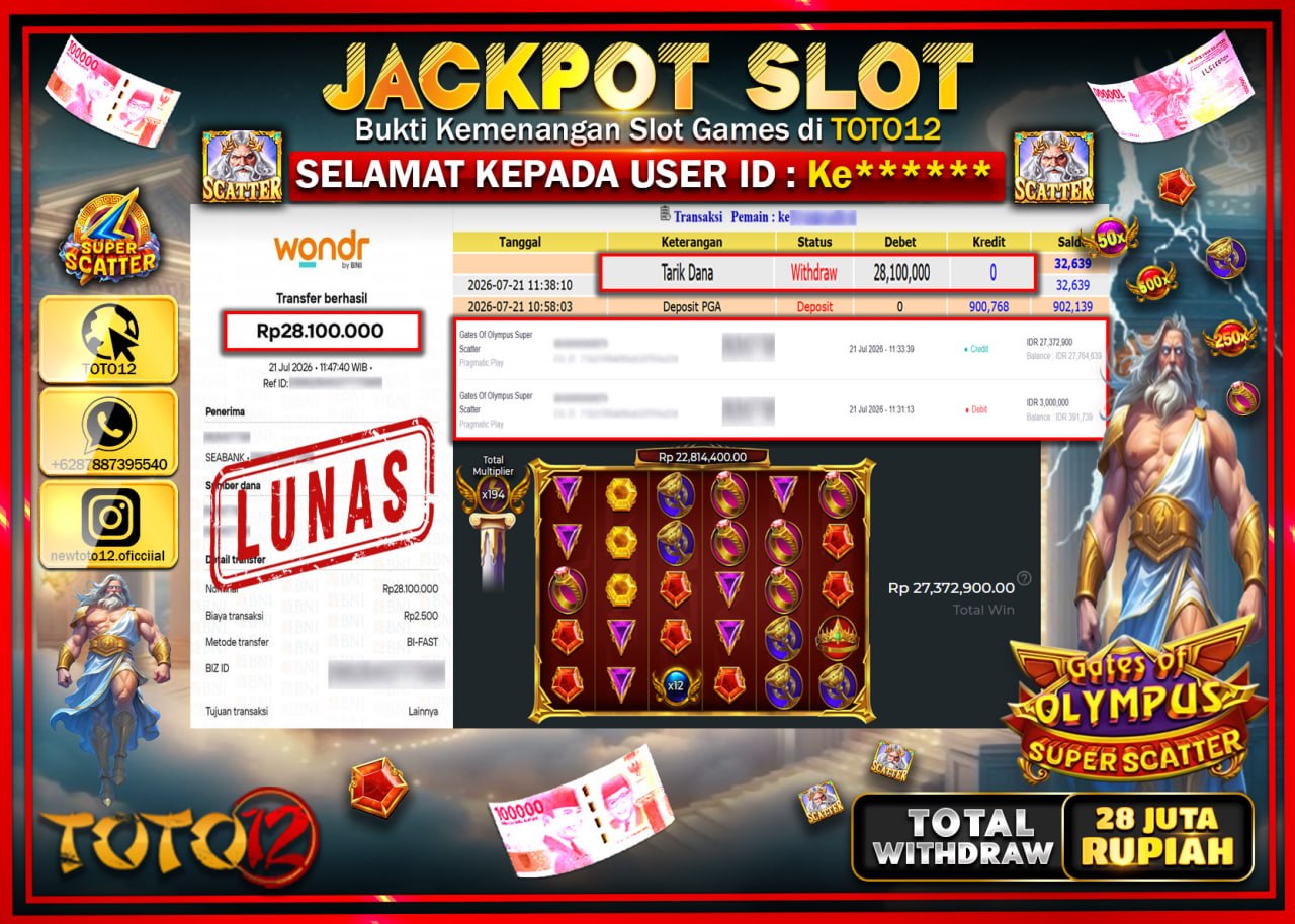HANYA DI TOTO12 JP PASTI DI BAYAR LUNAS DAN CEPAT!!!!!! JACKPOT SLOT GAME (GATES OF OLYMPUS SUPER SCATTER) Rp28.100.000!!!!