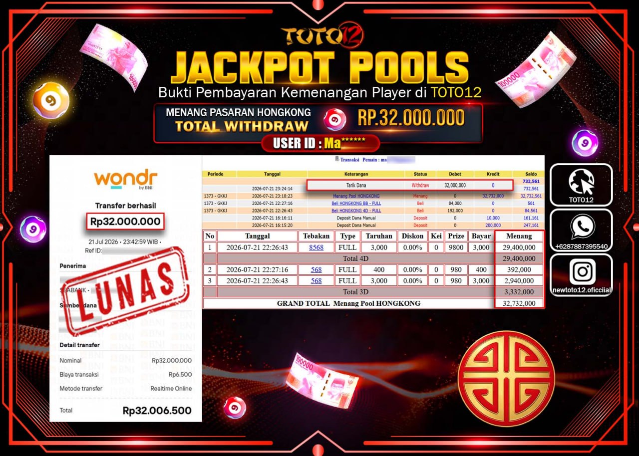 HANYA DI TOTO12 JP PASTI DI BAYAR LUNAS DAN CEPAT!!!!!! JACKPOT POOLS PASARAN (HONGKONG) Rp32.000.000!!!!