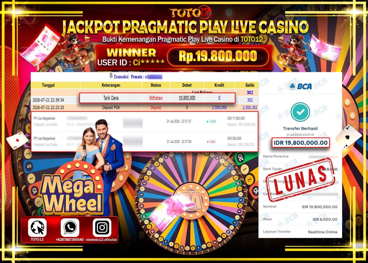 HANYA DI TOTO12 JP PASTI DI BAYAR LUNAS DAN CEPAT!!!!!! JACKPOT PRAGMATIC PLAY LIVE GAME CASINO (PP LIVE MEGAWHEEL) Rp19.800.000!!!!