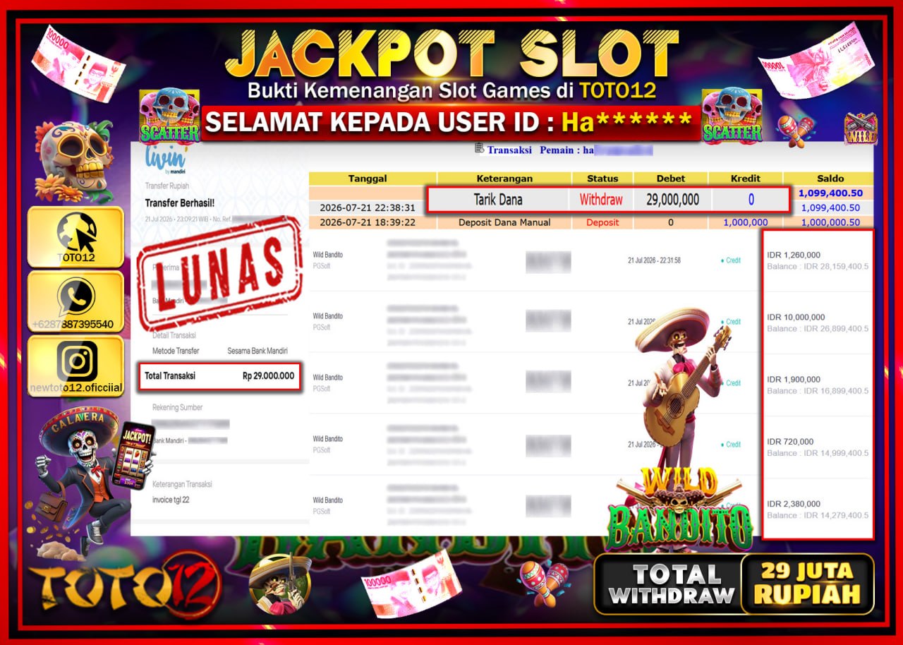 HANYA DI TOTO12 JP PASTI DI BAYAR LUNAS DAN CEPAT!!!!!! JACKPOT SLOT GAME (WILD BANDITO) Rp29.000.000!!!!