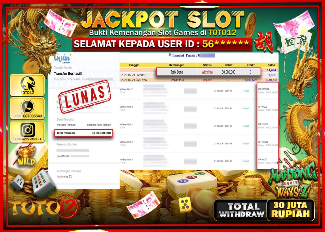 HANYA DI TOTO12 JP PASTI DI BAYAR LUNAS DAN CEPAT!!!!!! JACKPOT SLOT GAME (MAHJONG WAYS 2) Rp30.000.000!!!!