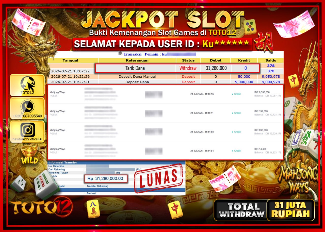 HANYA DI TOTO12 JP PASTI DI BAYAR LUNAS DAN CEPAT!!!!!! JACKPOT SLOT GAME (MAHJONG WAYS) Rp31.280.000!!!!