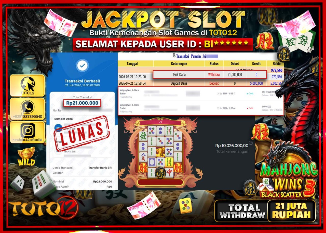 HANYA DI TOTO12 JP PASTI DI BAYAR LUNAS DAN CEPAT!!!!!! JACKPOT SLOT GAME (MAHJONG WINS 3 BLACK SCATTER) Rp21.000.000!!!!