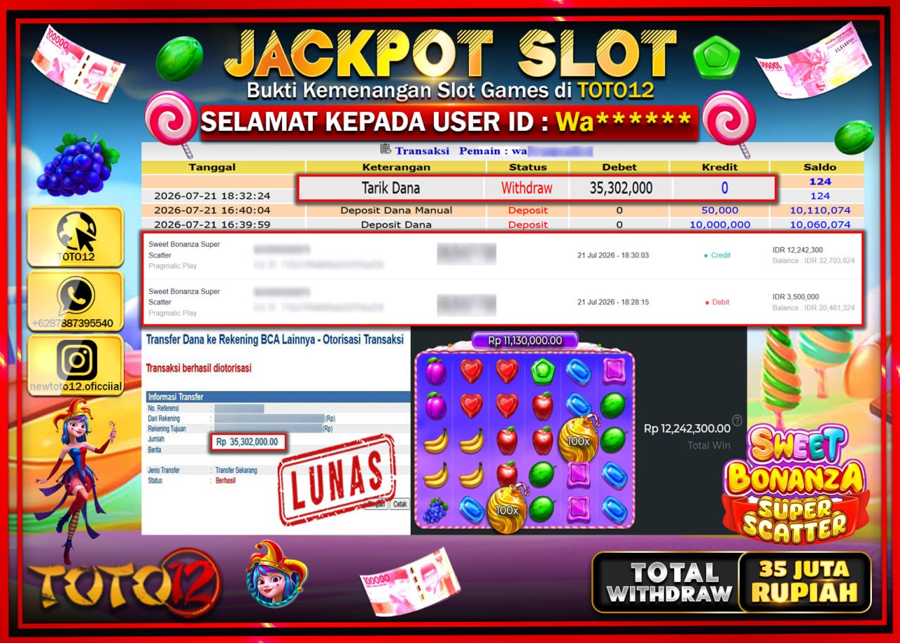 HANYA DI TOTO12 JP PASTI DI BAYAR LUNAS DAN CEPAT!!!!!! JACKPOT SLOT GAME (SWEET BONANZA SUPER SCATTER) Rp35.302.000!!!!