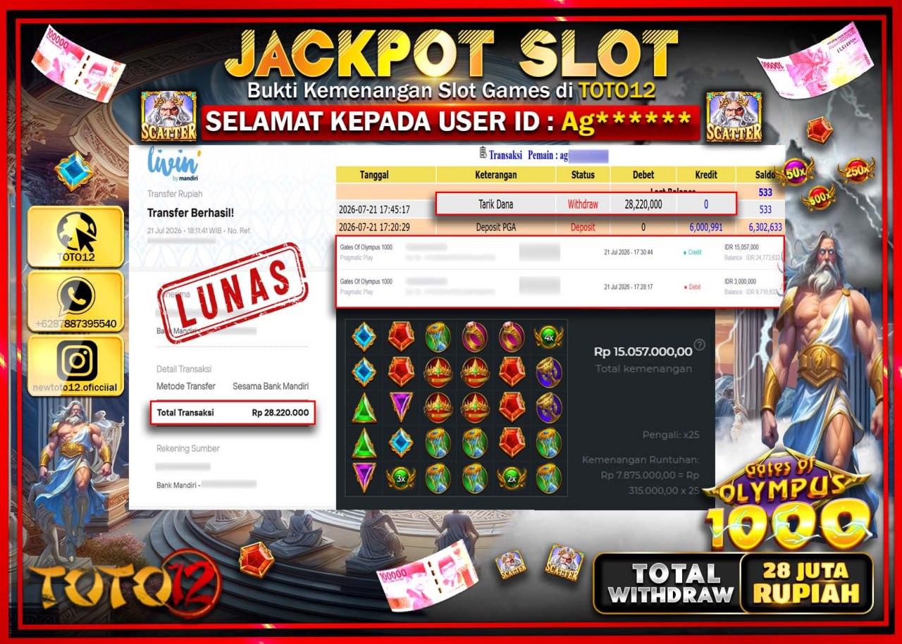 HANYA DI TOTO12 JP PASTI DI BAYAR LUNAS DAN CEPAT!!!!!! JACKPOT SLOT GAME (GATES OF OLYMPUS 1000) Rp28.220.000!!!!