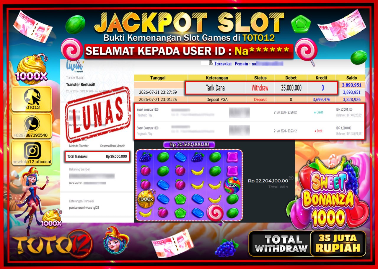 HANYA DI TOTO12 JP PASTI DI BAYAR LUNAS DAN CEPAT!!!!!! JACKPOT SLOT GAME (SWEET BONANZA 1000) Rp35.000.000!!!!