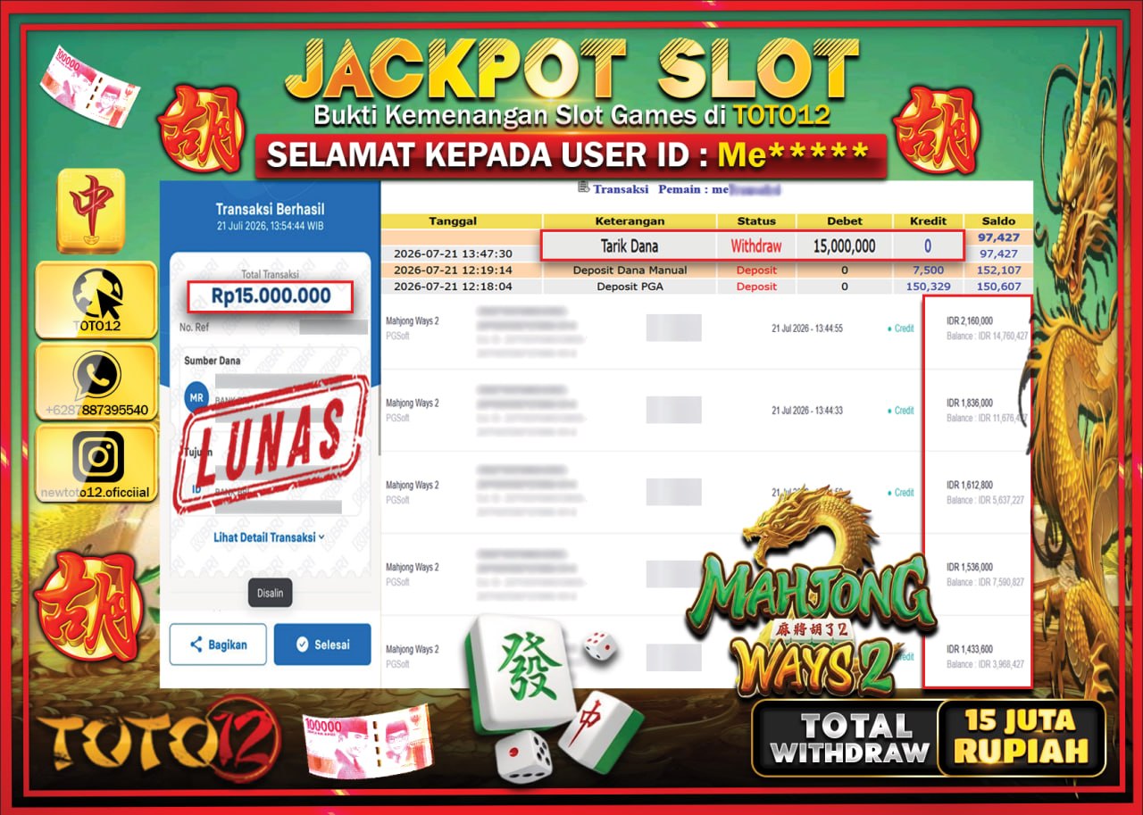 HANYA DI TOTO12 JP PASTI DI BAYAR LUNAS DAN CEPAT!!!!!! JACKPOT SLOT GAME (MAHJONG WAYS 2) Rp15.000.000!!!!