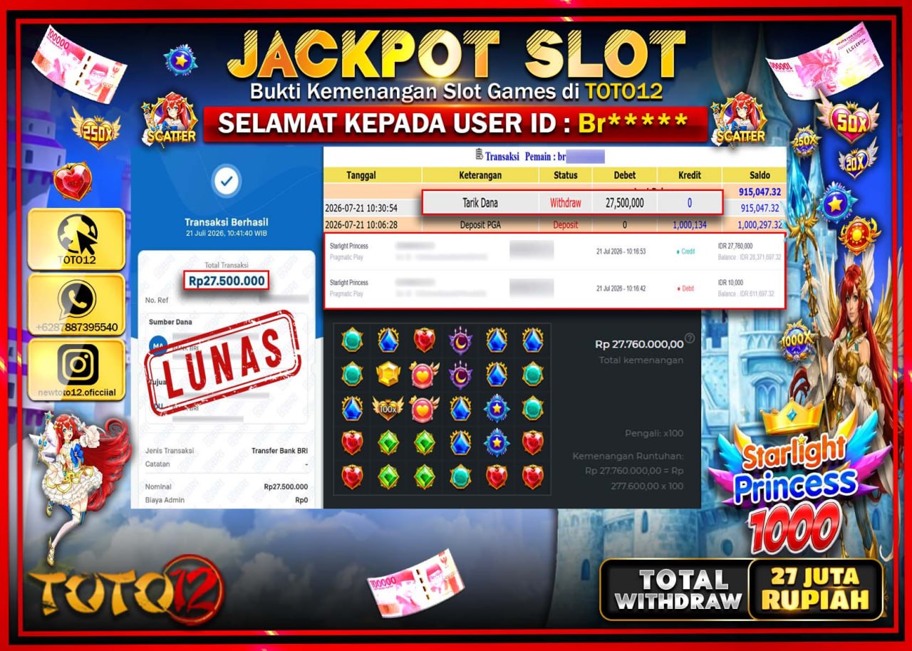 HANYA DI TOTO12 JP PASTI DI BAYAR LUNAS DAN CEPAT!!!!!! JACKPOT SLOT GAME (STARLIGHT PRINCESS 1000) Rp27.500.000!!!!