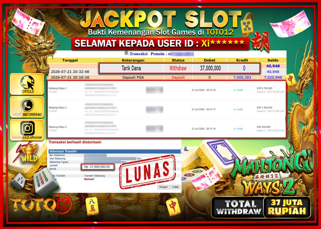 HANYA DI TOTO12 JP PASTI DI BAYAR LUNAS DAN CEPAT!!!!!! JACKPOT SLOT GAME (MAHJONG WAYS 2) Rp37.000.000!!!!