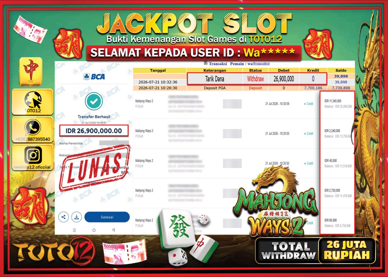HANYA DI TOTO12 JP PASTI DI BAYAR LUNAS DAN CEPAT!!!!!! JACKPOT SLOT GAME (MAHJONG WAYS 2) Rp26.900.000!!!!