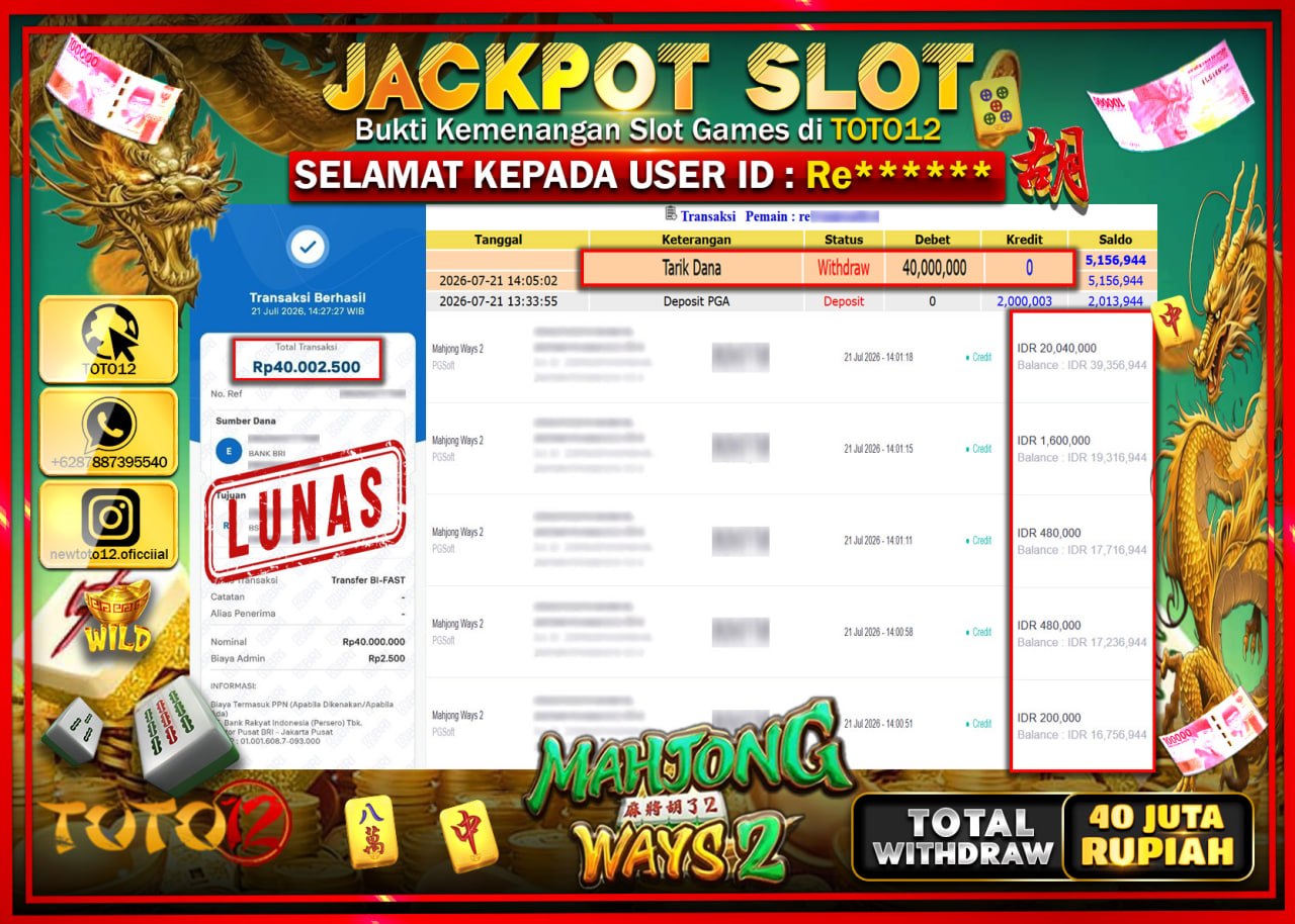 HANYA DI TOTO12 JP PASTI DI BAYAR LUNAS DAN CEPAT!!!!!! JACKPOT SLOT GAME (MAHJONG WAYS 2) Rp40.000.000!!!!