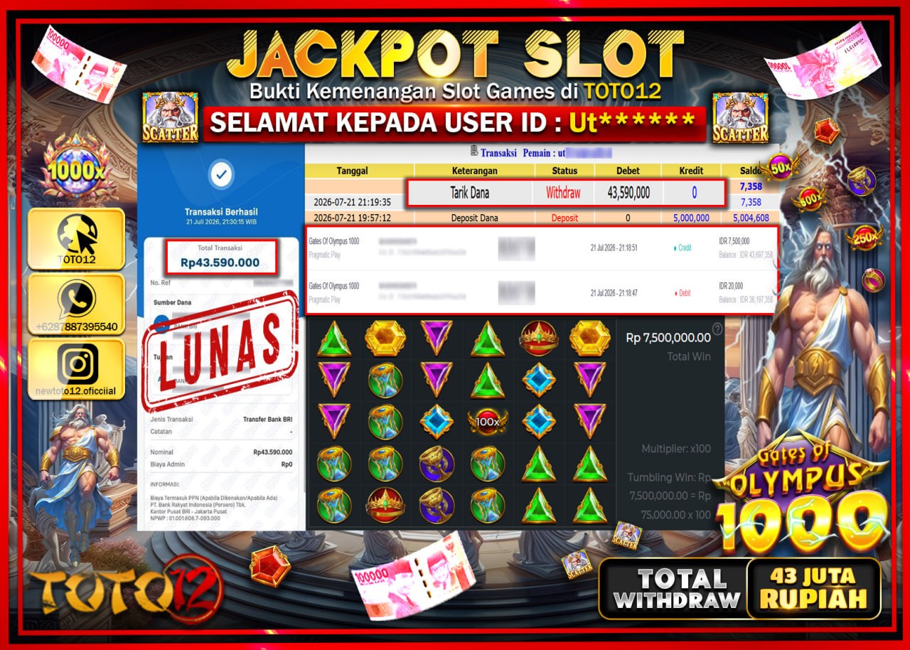 HANYA DI TOTO12 JP PASTI DI BAYAR LUNAS DAN CEPAT!!!!!! JACKPOT SLOT GAME (GATES OF OLYMPUS 1000) Rp43.590.000!!!!