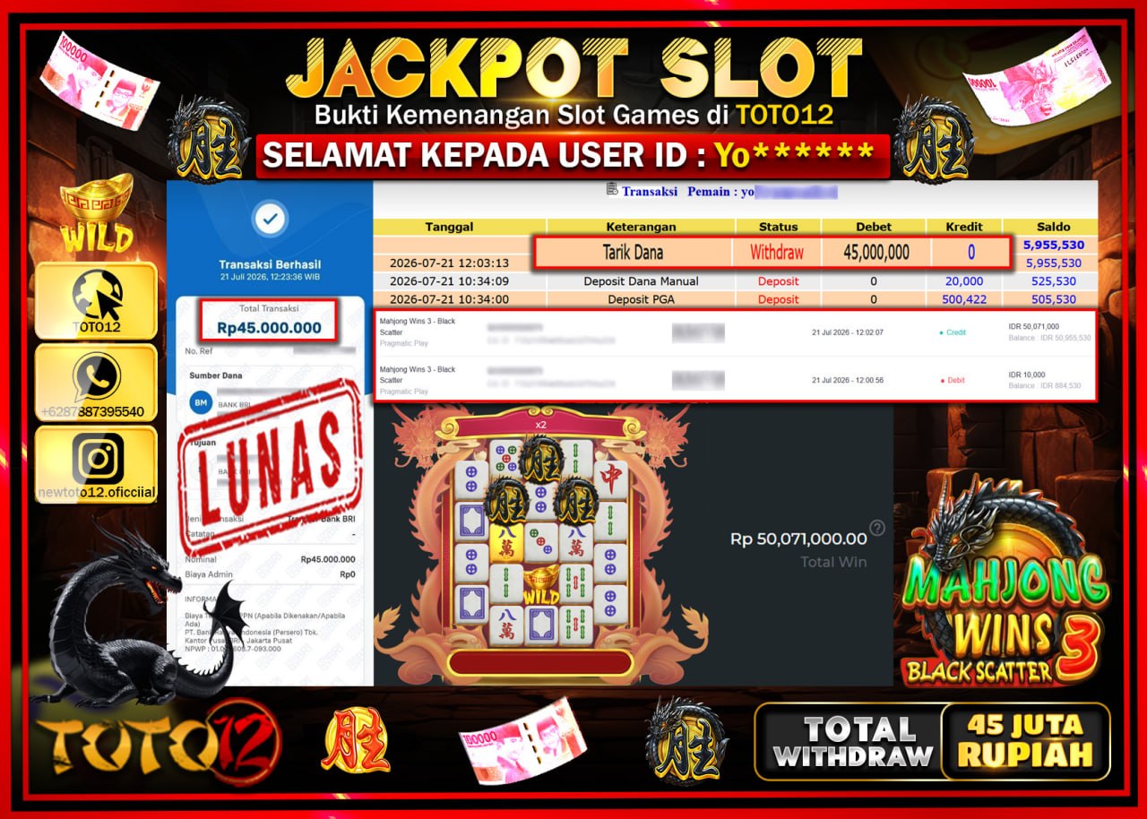 HANYA DI TOTO12 JP PASTI DI BAYAR LUNAS DAN CEPAT!!!!!! JACKPOT SLOT GAME (MAHJONG WINS 3 BLACK SCATTER) Rp45.000.000!!!!