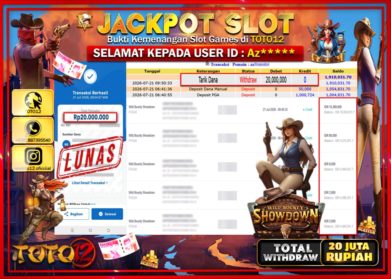 HANYA DI TOTO12 JP PASTI DI BAYAR LUNAS DAN CEPAT!!!!!! JACKPOT SLOT GAME (WILD BOUNTY SHOWDOWN) Rp20.000.000!!!!