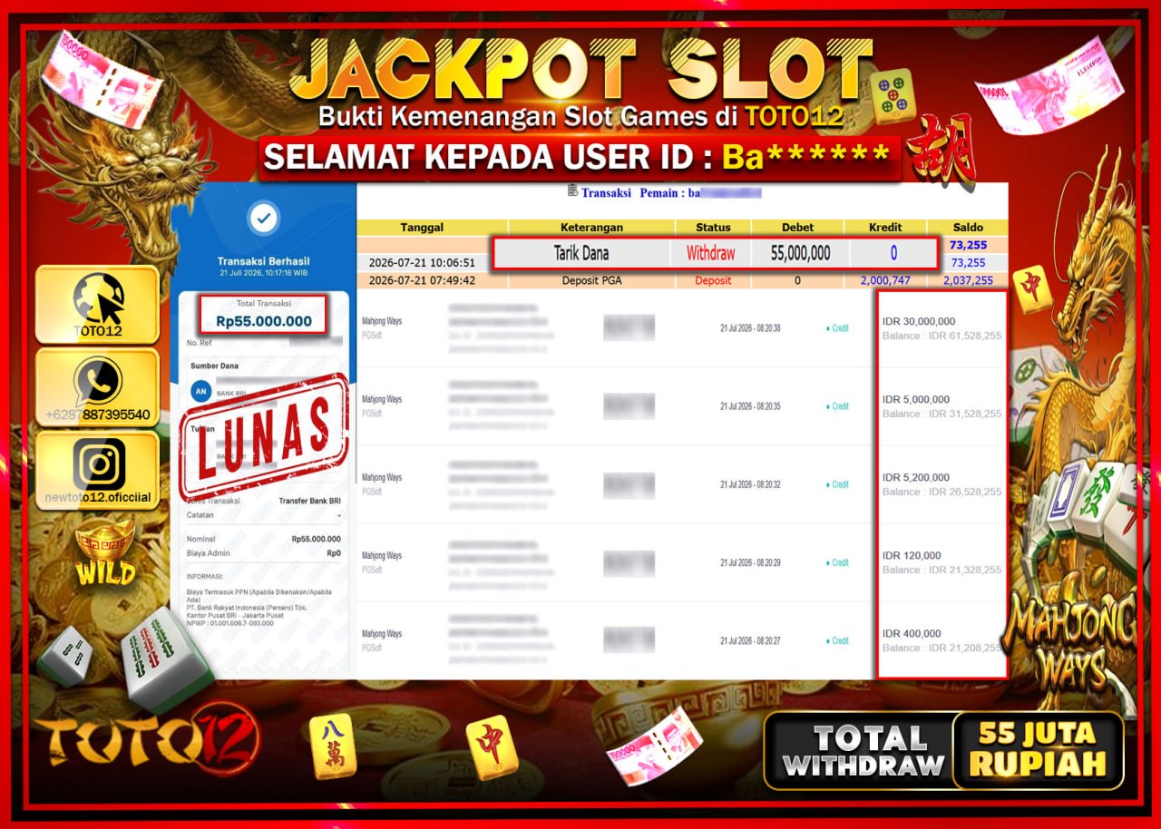 HANYA DI TOTO12 JP PASTI DI BAYAR LUNAS DAN CEPAT!!!!!! JACKPOT SLOT GAME (MAHJONG WAYS) Rp55.000.000!!!!