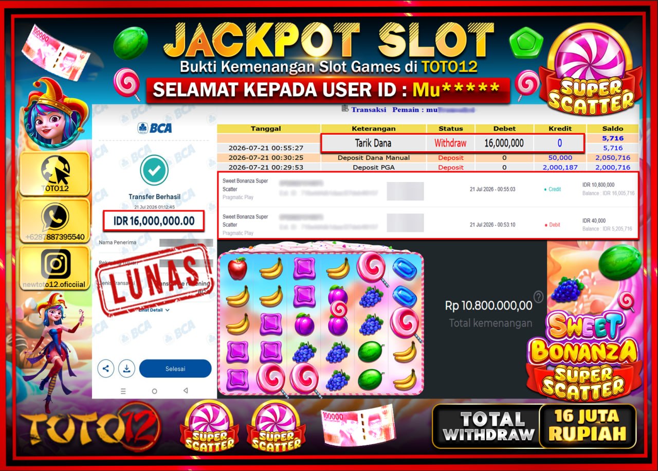 HANYA DI TOTO12 JP PASTI DI BAYAR LUNAS DAN CEPAT!!!!!! JACKPOT SLOT GAME (SWEET BONANZA SUPER SCATTER) Rp16.000.000!!!!