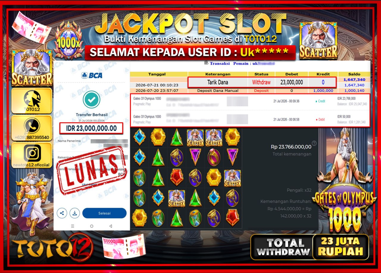 HANYA DI TOTO12 JP PASTI DI BAYAR LUNAS DAN CEPAT!!!!!! JACKPOT SLOT GAME (GATES OF OLYMPUS 1000) Rp23.000.000!!!!