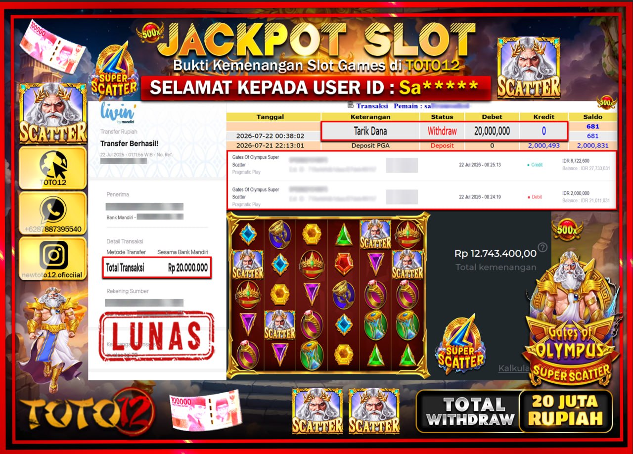 HANYA DI TOTO12 JP PASTI DI BAYAR LUNAS DAN CEPAT!!!!!! JACKPOT SLOT GAME (GATES OF OLYMPUS SUPER SCATTER) Rp20.000.000!!!!