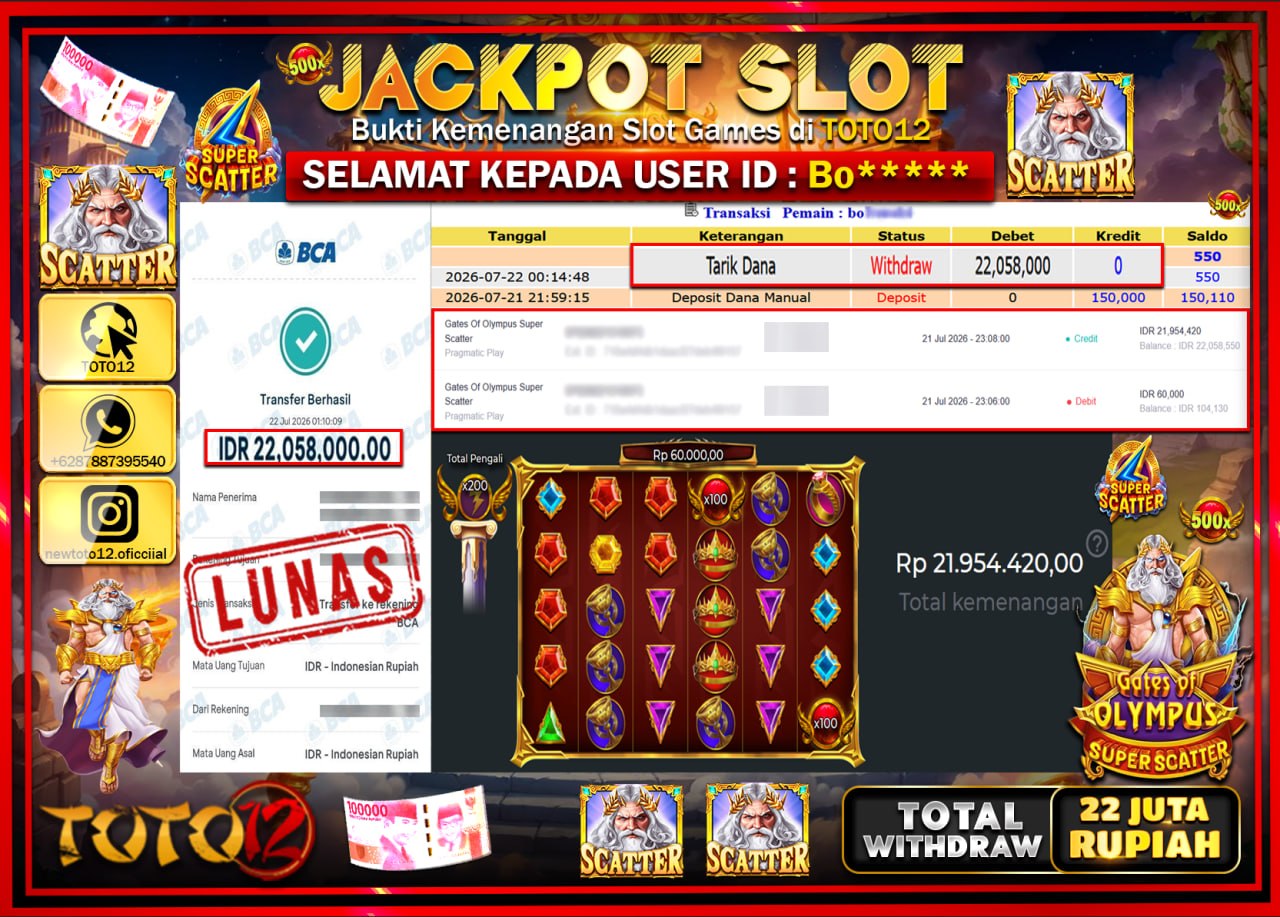 HANYA DI TOTO12 JP PASTI DI BAYAR LUNAS DAN CEPAT!!!!!! JACKPOT SLOT GAME (GATES OF OLYMPUS SUPER SCATTER) Rp22.058.000!!!!