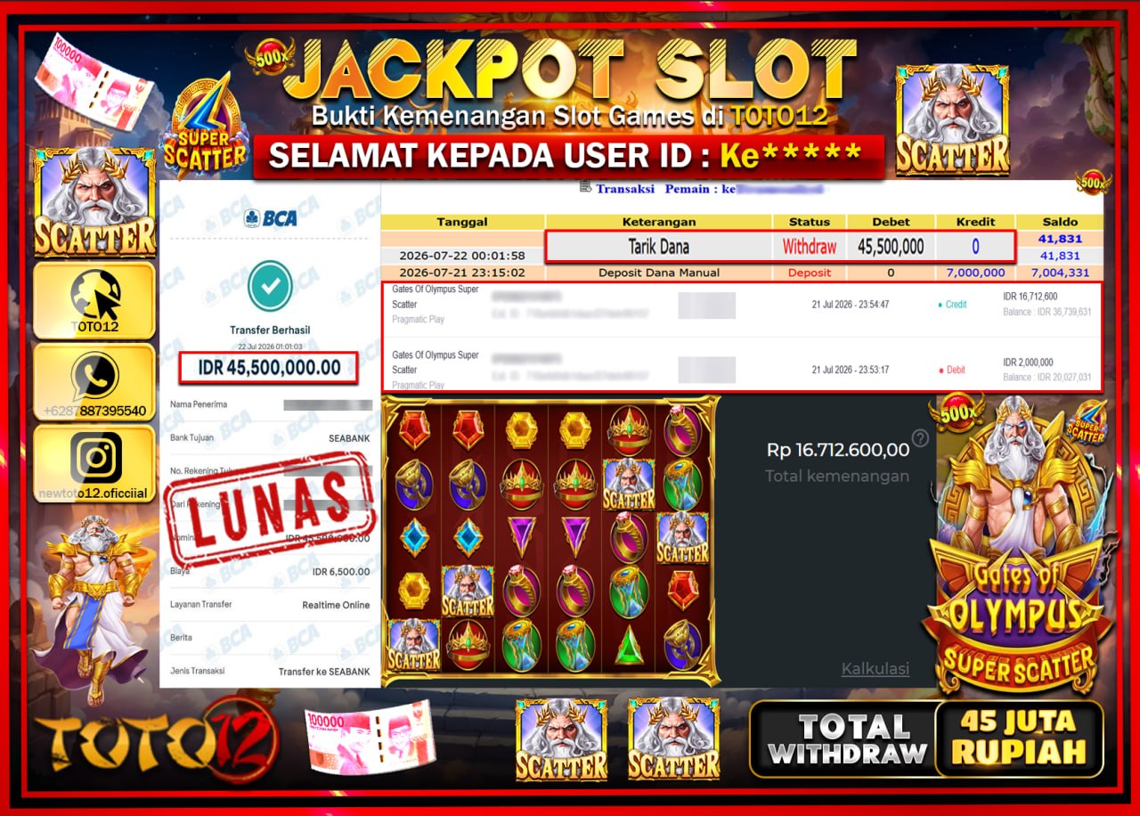 HANYA DI TOTO12 JP PASTI DI BAYAR LUNAS DAN CEPAT!!!!!! JACKPOT SLOT GAME (GATES OF OLYMPUS SUPER SCATTER) Rp45.500.000!!!!