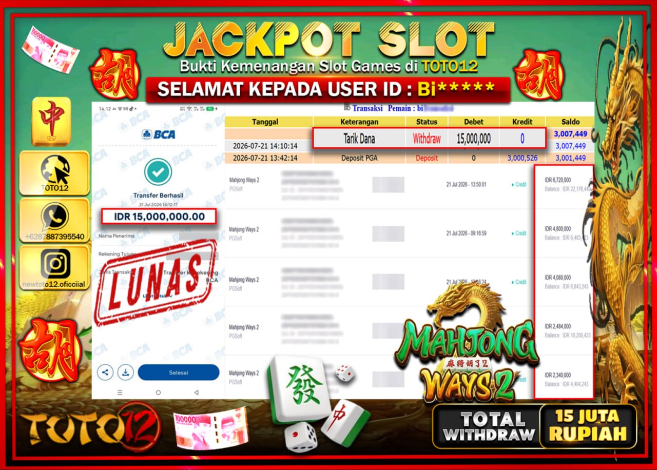 HANYA DI TOTO12 JP PASTI DI BAYAR LUNAS DAN CEPAT!!!!!! JACKPOT SLOT GAME (MAHJONG WAYS 2) Rp15.000.000!!!!