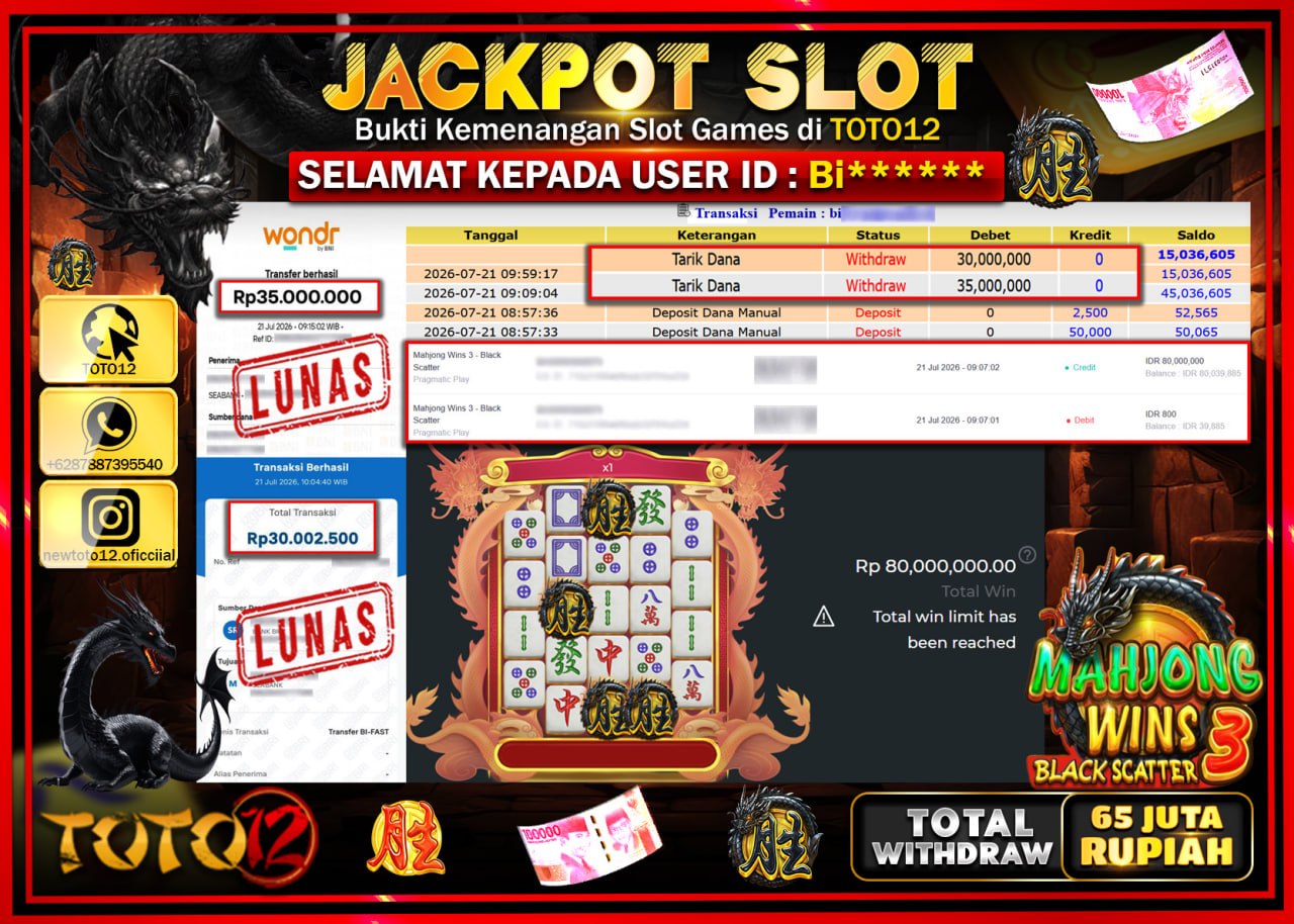 HANYA DI TOTO12 JP PASTI DI BAYAR LUNAS DAN CEPAT!!!!!! JACKPOT SLOT GAME (MAHJONG WINS 3 BLACK SCATTER) Rp65.000.000!!!!