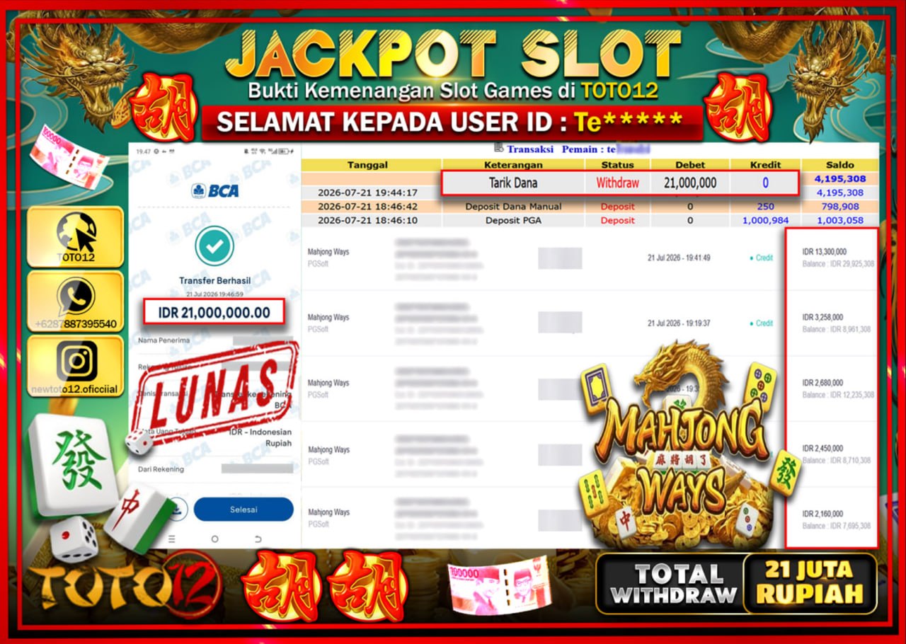 HANYA DI TOTO12 JP PASTI DI BAYAR LUNAS DAN CEPAT!!!!!! JACKPOT SLOT GAME (MAHJONG WAYS) Rp21.000.000!!!!