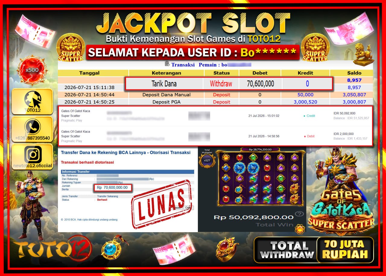HANYA DI TOTO12 JP PASTI DI BAYAR LUNAS DAN CEPAT!!!!!! JACKPOT SLOT GAME (GATES OF GATOTKACA SUPER SCATTER) Rp70.600.000!!!!