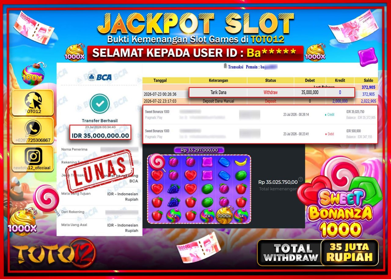 HANYA DI TOTO12 JP PASTI DI BAYAR LUNAS DAN CEPAT!!!!!! JACKPOT SLOT GAME (SWEET BONANZA 1000) Rp35.000.000!!!!