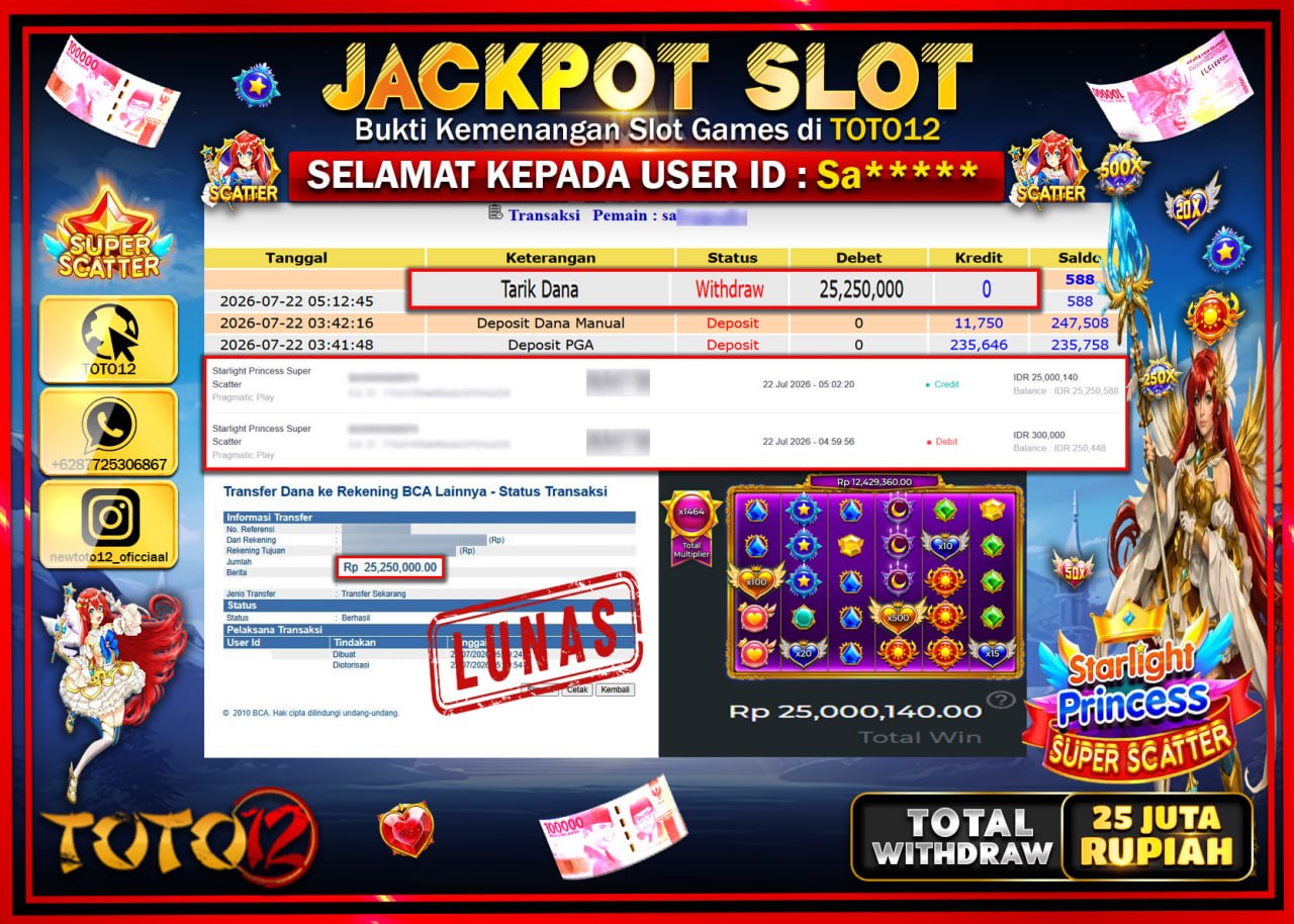 HANYA DI TOTO12 JP PASTI DI BAYAR LUNAS DAN CEPAT!!!!!! JACKPOT SLOT GAME (STARLIGHT PRINCESS SUPER SCATTER) Rp25.250.000!!!!